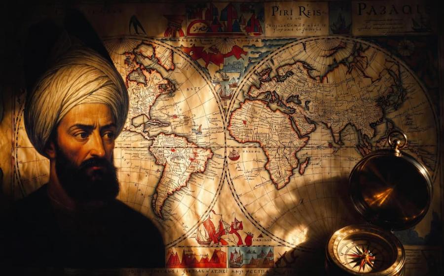 An illustration of a man in a turban, representing Piri Reis, standing before an ancient world map with a brass compass in the foreground.